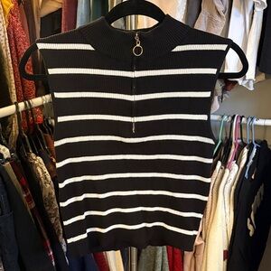 Sleeveless Black & White Striped Knit Top with Gold Zip